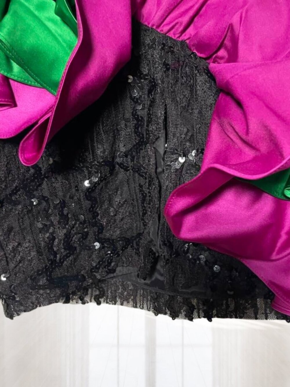 Vintage 80s Neiman Marcus After Five Sequin Lace Dress Ruffle Satin Flower Party - Picture 9 of 14